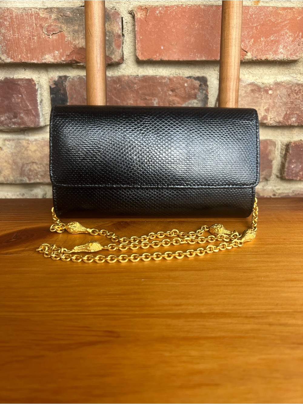 Vintage Black Snakeskin Embossed Leather Chain Clutch Bag w/ Gold Gator Hardware